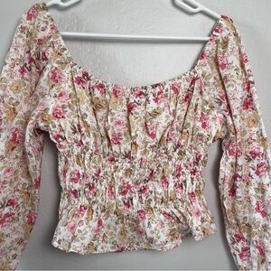 Lucca Smocked Cropped Cotton Floral Long Sleeve Top Size Medium Feminine Boho
